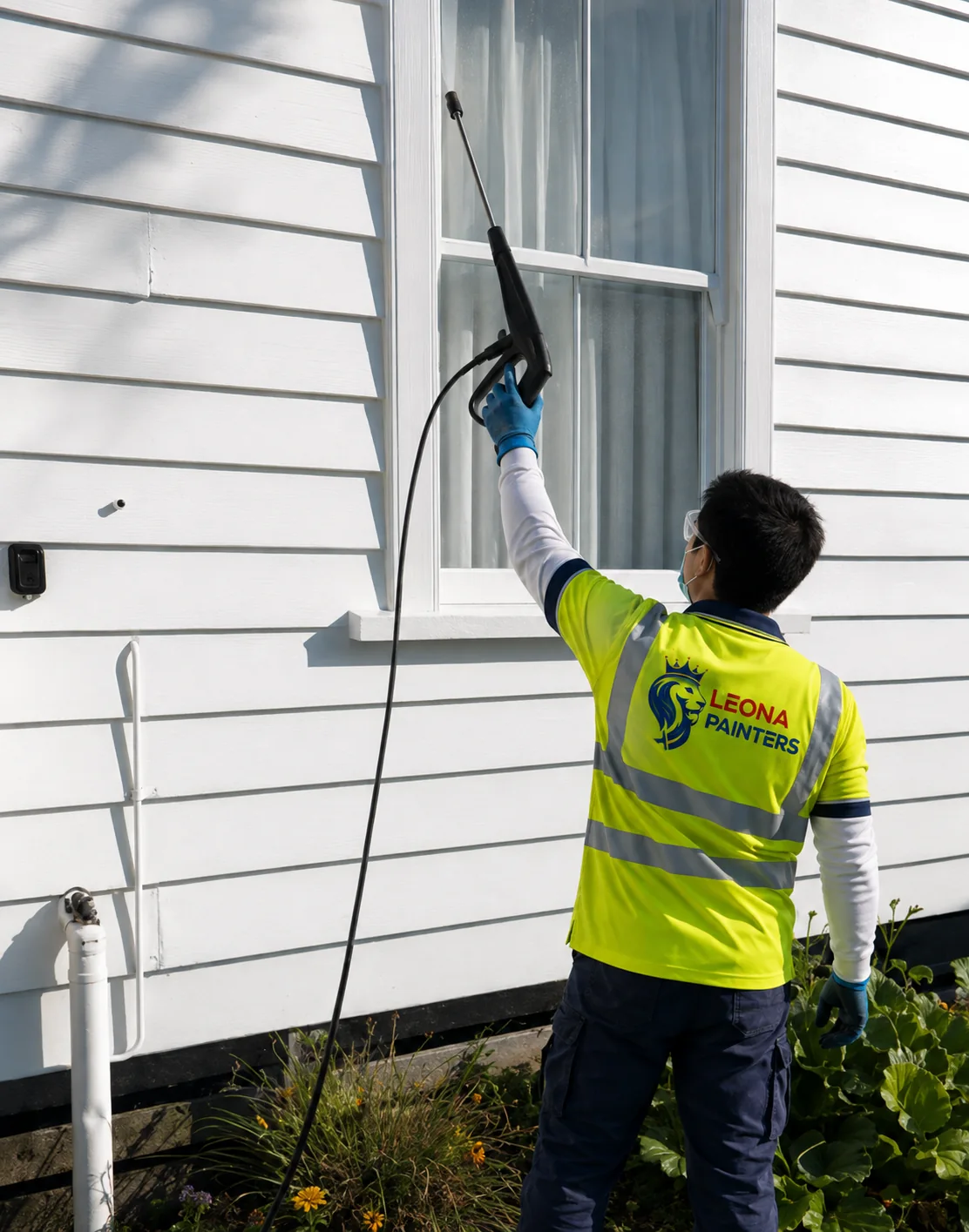 Leona Painters team member pressure washing a weatherboard home