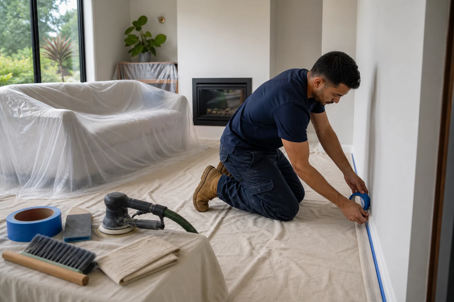 Painter masking trim and protecting the room before painting