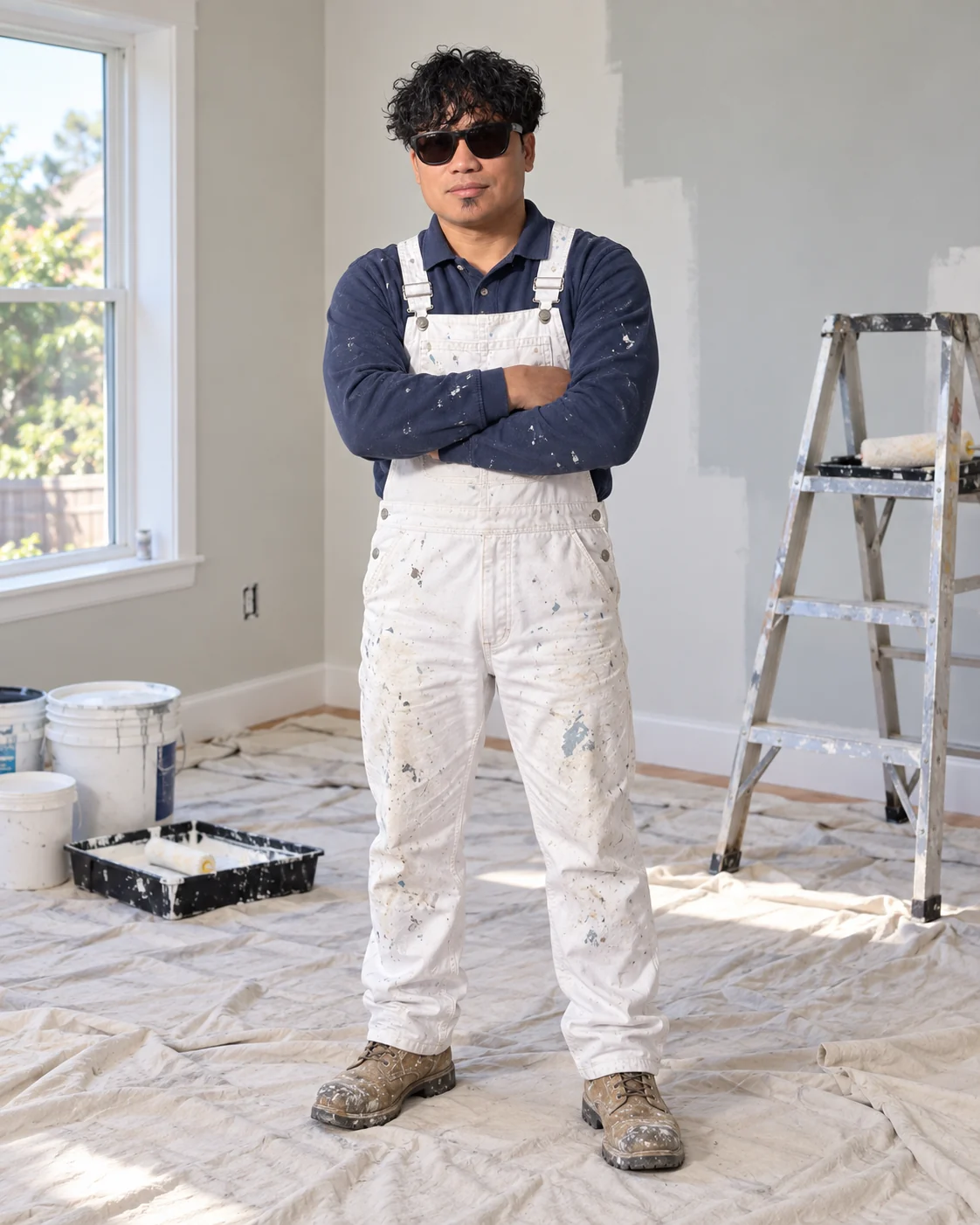 Ryan, founder of Leona Painters, in painting workwear at a painting workplace